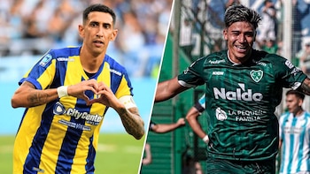 En una imagen dividida, un futbolista de Rosario Central con camiseta azul y amarilla hace un corazón, mientras un jugador de Sarmiento con camiseta verde sonríe