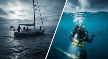 Díptico: velero con bandera ucraniana en un mar agitado bajo cielo nublado y un buzo en aguas profundas con equipo, sosteniendo un objeto amarillo.