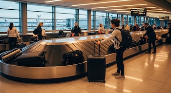 Múltiples personas recogen o esperan equipaje en una cinta transportadora dentro de un aeropuerto. Se ven maletas, el interior de la terminal y aviones por las ventanas.