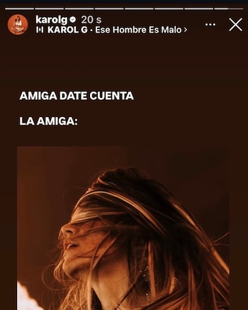 Karol G no ha hecho declaraciones directas, aunque una historia en Instagram fue interpretada por sus seguidores como una posible reacción a las imágenes de Feid - crédito @karolg / Instagram - @Ambioly3/ X