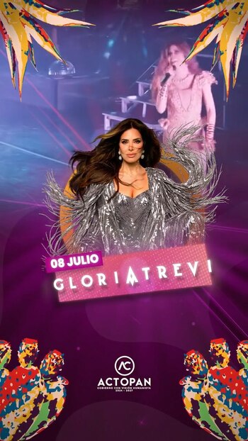 Imagen de la cantante Gloria Trevi con vestido plateado y flecos. Contiene la fecha 08 julio, su nombre, el logo de Actopan y elementos gráficos abstractos