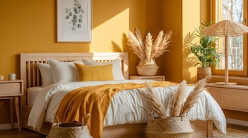 Dormitorio con paredes color mostaza, cama de madera clara, ropa de cama blanca con manta amarilla, mesita de noche, cestas con hierba pampa y una planta junto a la ventana.