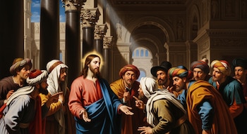 Pintura que muestra a Jesús con un halo, rodeado por un grupo de hombres con túnicas y turbantes, discutiendo en un interior con columnas y arcos.