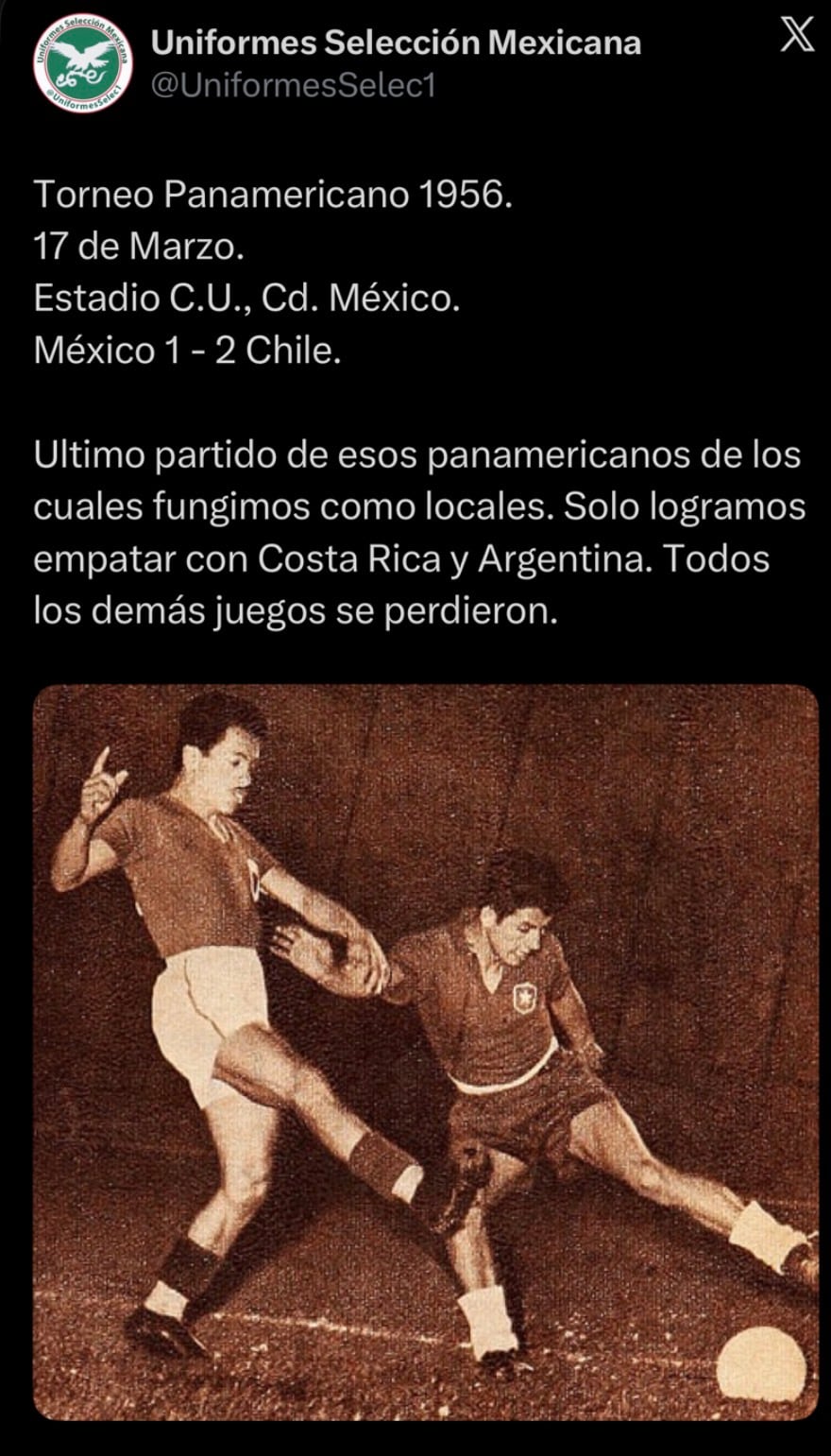 La primera victoria de México frente a Chile ocurrió en marzo de 195durante el Campeonato Panamericano disputado en territorio mexicano. (Crédito especial: X/ @UniformesSelec1)