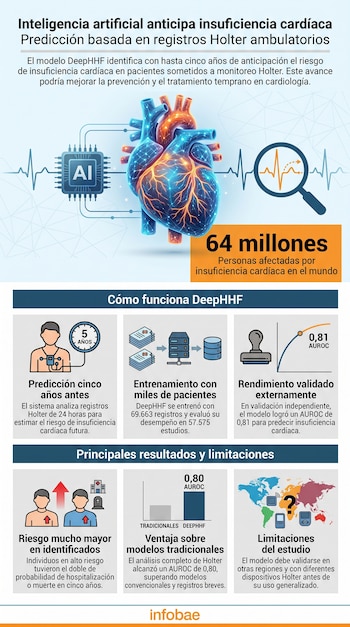 Infografía sobre inteligencia artificial, corazón humano, chip de IA, gráfico de electrocardiograma, lupa, dispositivo Holter, íconos de riesgo y un mapamundi.