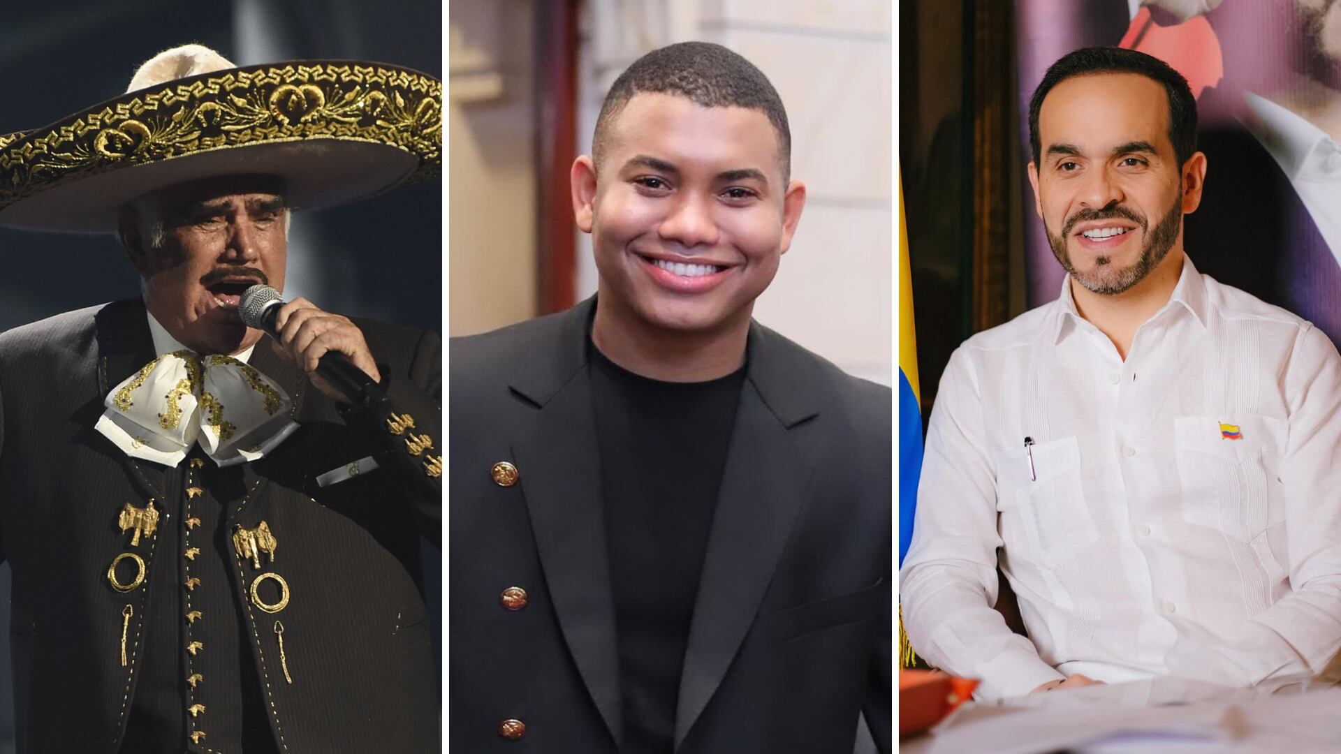 Miguel Polo Polo confundió al fallecido Vicente Fernández con su hijo Alejandro Fernández, que se presentó en el Movistar Arena días anteriores al evento de Abelardo de la Espriella - crédito Chris Pizzello/AP - @miguelpolopolo - @delaespriella_style/Instagram