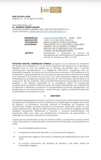 El presidente del Senado no discute solo el contenido de la orden, sino el criterio con el que se individualizó la responsabilidad - crédito Congreso de la Repúlblica