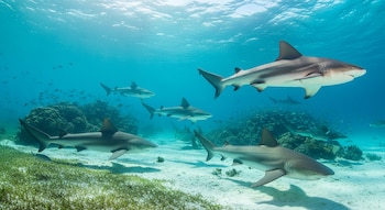 Vista submarina de varios tiburones grises nadando en aguas azules sobre un fondo arenoso con algas marinas, cerca de formaciones de coral.
