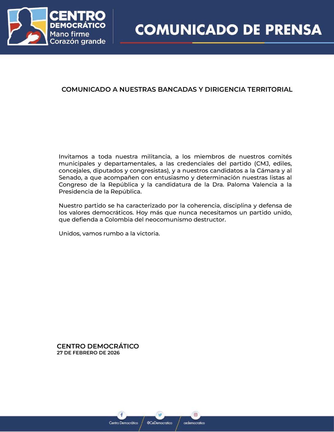 El partido emitió un comunicado el 27 de febrero de 2026 dirigido a sus bancadas y dirigencia territorial - crédito Centro Democrático