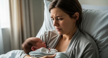 Una madre joven sentada en una cama de hospital, con expresión de ansiedad, sostiene a su bebé recién nacido envuelto en una manta gris.