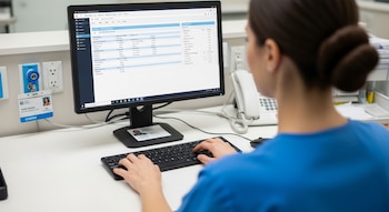 Vista posterior de una enfermera con uniforme azul tecleando en un ordenador, consultando información médica en la pantalla en un entorno hospitalario.