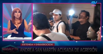 Juan Víctor sale de comisaría mientras Andrea San Martín sigue detenida. Captura: Magaly TV La Firme.