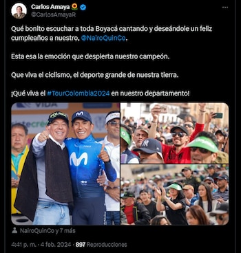 El Gobernador de Boyacá, Carlos Amaya, felicitó a Nairo Quintana por su cumpleaños - crédito @CarlosAmayaR / X