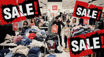 Personas buscan prendas de vestir entre grandes pilas de ropa en una tienda, con letreros rojos que anuncian ofertas y 70 por ciento de descuento.