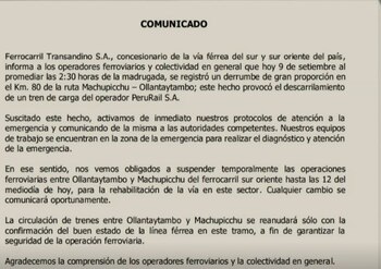 Comunicado de PeruRail