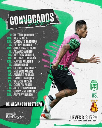Convocados de Atlético Nacional vs. Deportes Tolima. Liga BetPlay 2022-I (fecha 4)