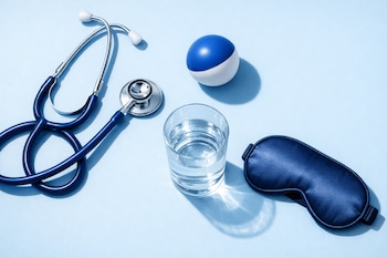 Un estetoscopio azul, una pelota antiestrés azul y blanca, un vaso con agua y una máscara de dormir azul oscuro sobre un fondo azul claro.