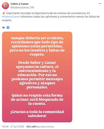 Comunicado de 'Saber y ganar'. (Twitter @RTVE)