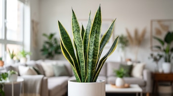 Una planta de Sansevieria con hojas verdes y bordes amarillos en una maceta blanca se ubica frente a una sala de estar desenfocada con un sofá y una ventana.