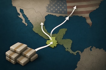 Mapa de América con paquetes apilados a la izquierda y flechas blancas que van hacia Guatemala y el territorio de Estados Unidos.