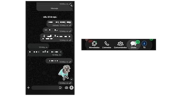 Captura de pantalla de una conversación de WhatsApp con texto pixelado junto a un recorte de la barra de navegación inferior