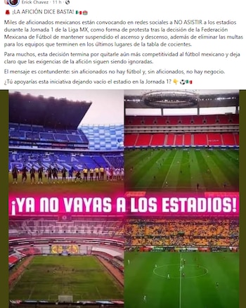 Aficionados convocan a un boicot en la Jornada 1 con la consigna “Sin aficionados no hay futbol, sin consumo no hay negocio”. (Facebook)