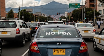 Vista trasera de un sedán Hyundai Rotiva azul oscuro con una pegatina 'NO PDA' en su ventana trasera, detenido en el tráfico de Bogotá.