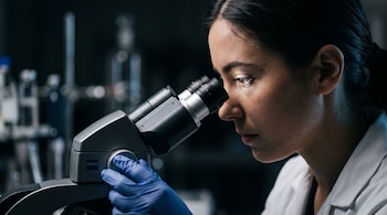 Una mujer de perfil con bata blanca y guantes azules mira a través de los oculares de un microscopio en un entorno oscuro.