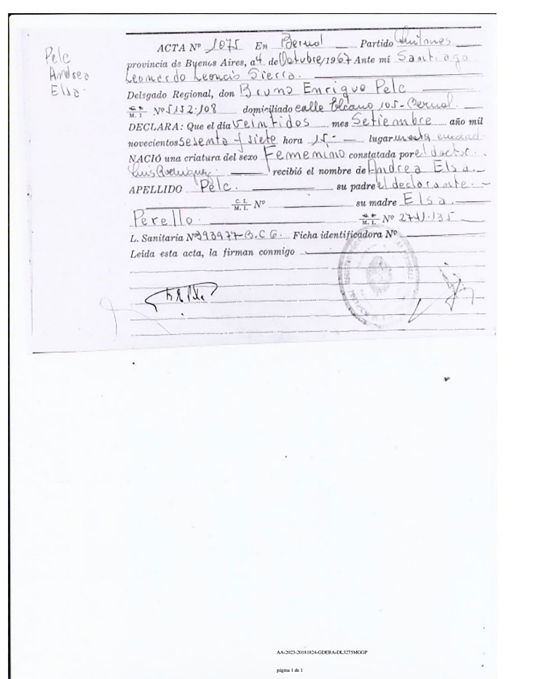 El acta de nacimiento de Andrea