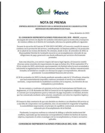 Comunicado de empresa Mavic.