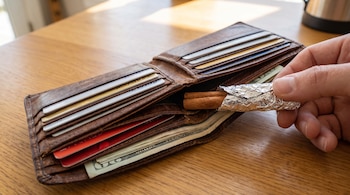 Billetera de cuero marrón con tarjetas y billetes. Una mano introduce un trozo de canela envuelto en papel de aluminio en la billetera.