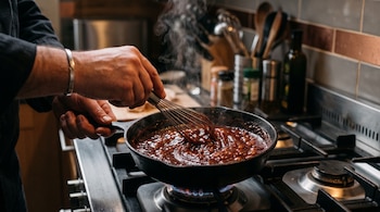 Manos de un cocinero remueven una salsa espesa en una sartén de hierro sobre un fogón encendido con un batidor de varillas de metal.