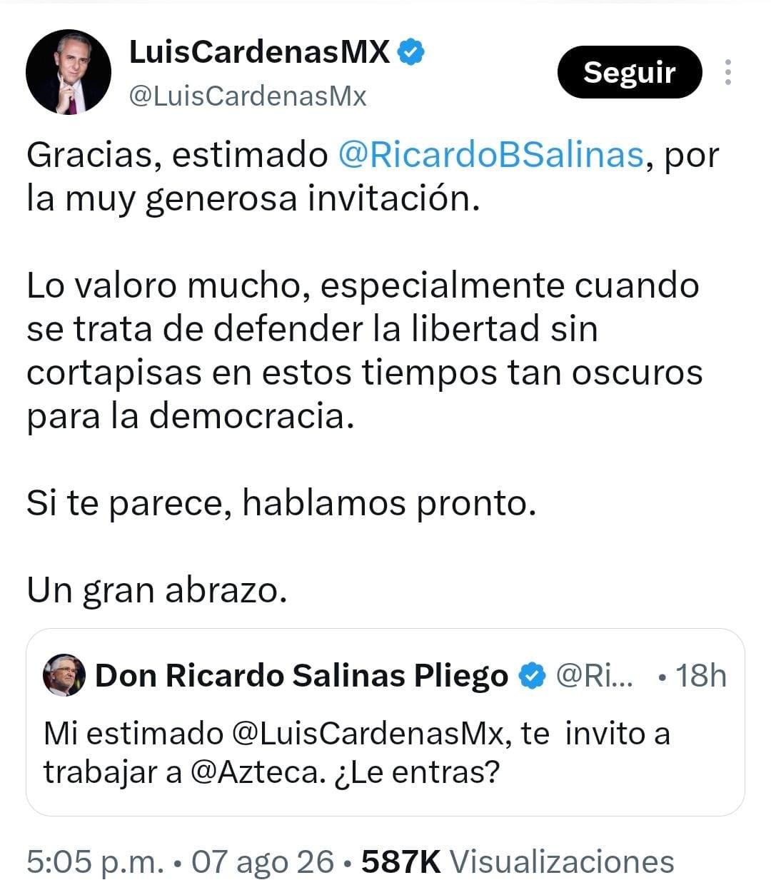 El periodista Luis Cárdenas responde a la invitación de Ricardo Salinas Pliego para unirse a TV Azteca en una conversación en redes sociales. (X: Captura de pantalla)
