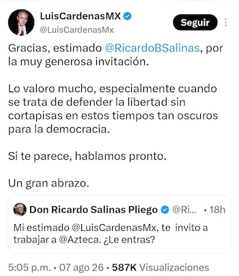 Captura de pantalla de dos publicaciones en X donde Luis Cárdenas agradece a Ricardo Salinas Pliego su invitación a trabajar en TV Azteca