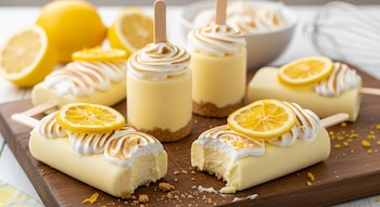 Primer plano de varias paletas de pay de limón con merengue tostado y rodajas de limón sobre una tabla de madera, con limones enteros al fondo.