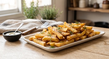 Un plato blanco rectangular lleno de papas fritas gruesas con sal y romero. A la izquierda, un tazón negro con salsa y una cuchara