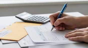Manos rellenan el Formulario 843 con un bolígrafo azul. Sobre la mesa hay papeles fiscales, una calculadora y un sobre del Servicio de Impuestos Internos.