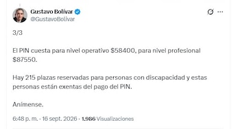 Los derechos de participación tienen un valor de $58.400 para los niveles operativo, técnico y administrativo, mientras que para los niveles profesional, asesor y ejecutivo el costo es de $87.550 - crédito @GustavoBolivar/X