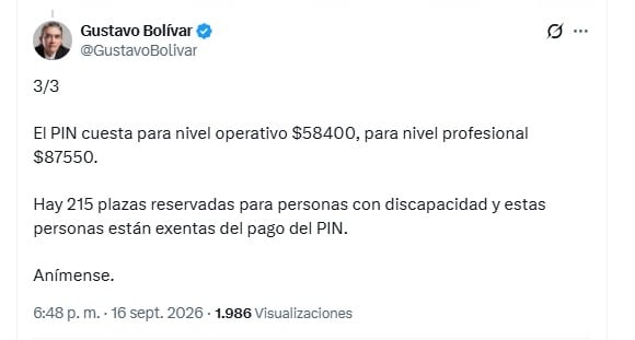 Los derechos de participación tienen un valor de $58.400 para los niveles operativo, técnico y administrativo, mientras que para los niveles profesional, asesor y ejecutivo el costo es de $87.550 - crédito @GustavoBolivar/X