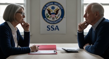 Mujer y hombre mayores sentados en una mesa con documentos y calculadora. Al fondo, un cartel con el logo de la Administración del Seguro Social de Estados Unidos.