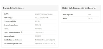 La consulta difundida señala a Rosen Ferlini como persona nacida en el extranjero con nacionalidad mexicana y descarta que el registro de la carta de naturalización haya ocurrido en septiembre de 2026, apuntando más bien a 2001. (Captura de pantalla)