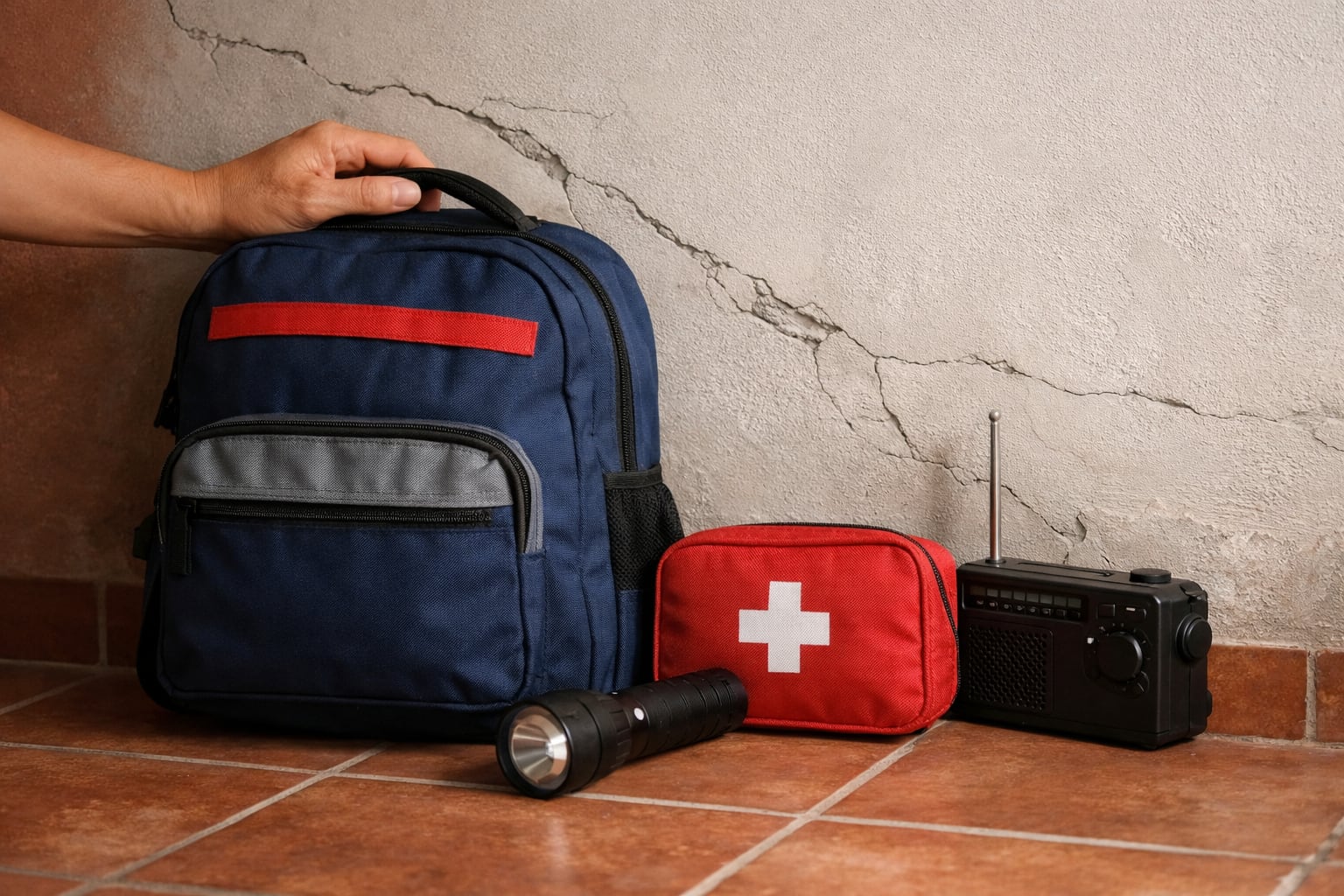 Una mano adulta coloca una mochila de emergencia junto a una pared con grietas leves, mostrando la preparación familiar ante sismos en una vivienda de Lurín, Lima. (Imagen Ilustrativa Infobae)