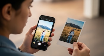 Primer plano de una persona sosteniendo un smartphone que muestra una foto y una impresión idéntica de una mujer sonriendo en un campo con montañas.