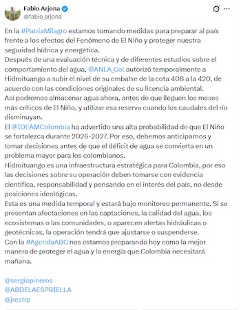 El ministro de Ambiente, Fabio Arjona, afirmó que la decisión se anticipa a un déficit de agua - crédito @fabio_arjona/X