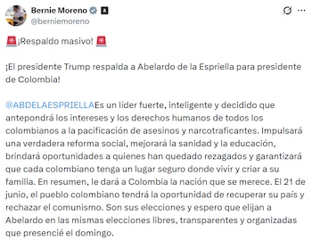 Bernie Moreno destacó las propuestas de De la Espriella en seguridad, derechos humanos y desarrollo económico. - crédito @berniemoreno/X