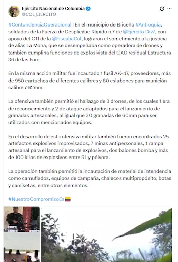 Su tarea consistía en materializar la capacidad tecnológica de la Estructura 36 de las disidencias de las Farc, para atacar mediante drones adaptados con explosivos - crédito @COL_EJERCITO/X