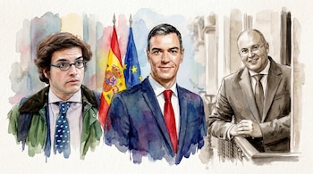 Ilustración en acuarela de tres figuras masculinas; Pedro Sánchez en el centro, Íñigo Errejón a la izquierda y Albert Rivera a la derecha, con banderas al fondo.
