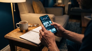 Manos de una persona sujetando un teléfono inteligente frente a una mesa con una libreta abierta, una taza de té y unas gafas.