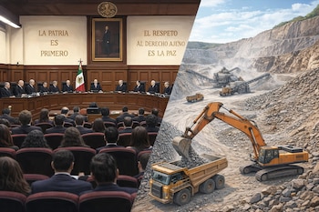 Pleno de la SCJN con jueces, audiencia y bandera de México; cantera con excavadora cargando camión, trituradoras y bandas transportadoras.