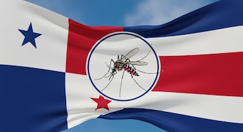 Banderas de Panamá y Costa Rica entrelazadas. En el centro, un mosquito ilustrado dentro de un círculo. Fondo azul claro.